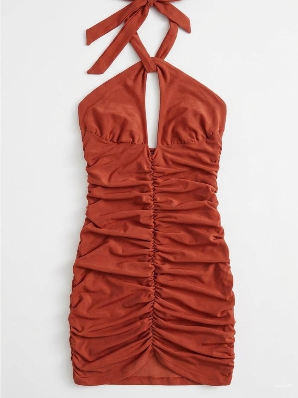 Better Be Rust Halter Ruched Mini Dress